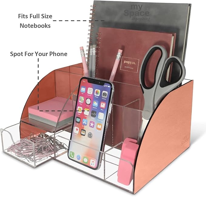 My Space Organizers Rose Gold Desk Organizer, Acrylic, 9 Compartments, Office Supplies Desk Accessories Organizer with Drawer, Pen Holder, Office Decor Desktop Organization (Rose Gold)