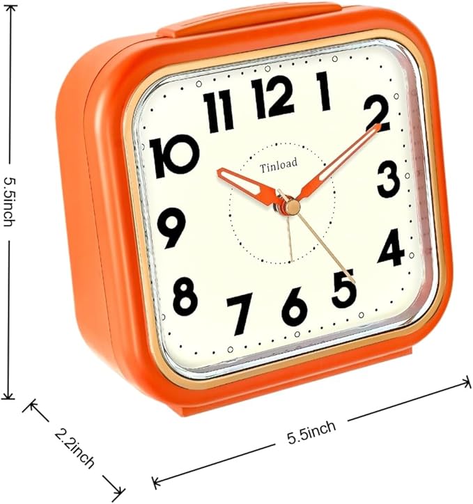 Tinload 5.5" Large Analog Alarm Clock • Silent Non Ticking • Gentle Wake • Beep Sounds • Increasing Volume • Battery Operated Snooze and Manual Light • Retro Orange