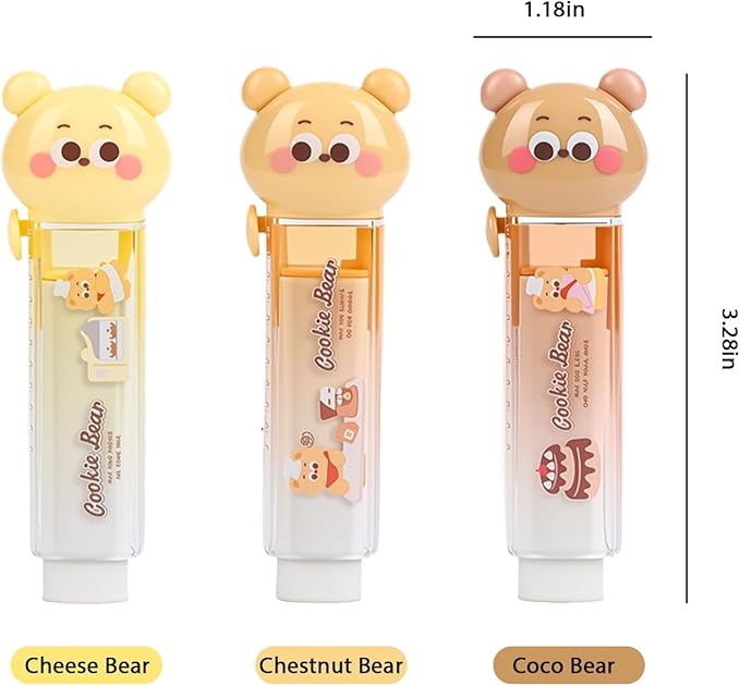 3PCS Retractable Pencil Eraser, Cute Erasers,Kawaii Bear Eraser in Three Colors,Suitable for School Home Office Supplies
