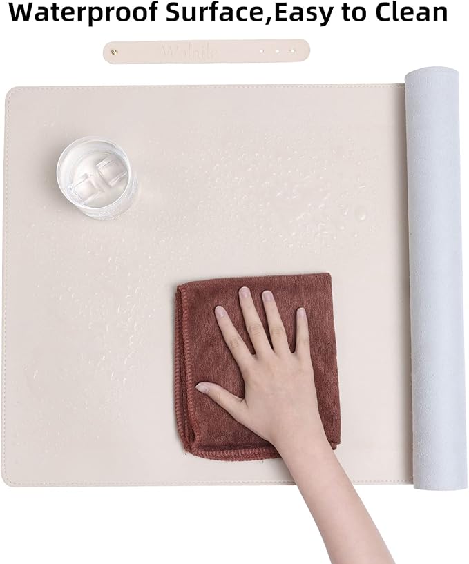 Wolaile Desk Blotter Pad,36x17 inch PU Leather Computer Mouse Mat,Non-Slip Waterproof Writing Desktop Protector for Office Home,Large,Beige White