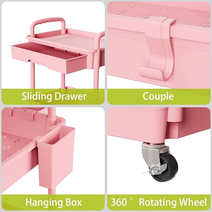 Sorgion 4 Tier Rolling Cart Organizer,Art Craft Diaper Bedside Snack Laundry Room Bathroom Organizer Narrow Thin Slim Rolling Trolley Utility Cart with Wheels for Kitchen,Office(Pink)