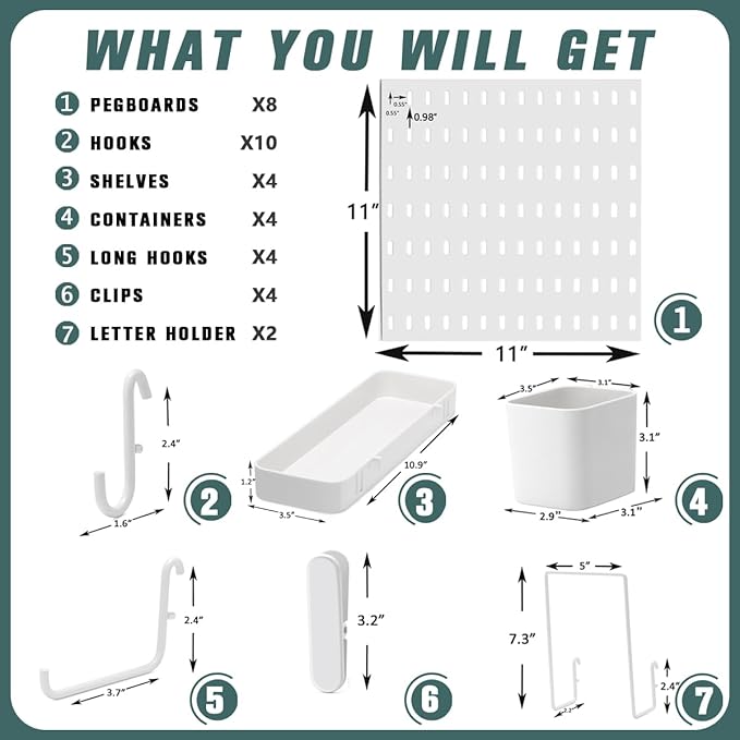MULSAME Pegboard Combination Kit, 25.2" x 50.4" Wall Mounted Storage Set with 8 Pegboards & 40 Accessories Hanging, Peg Boards Organizer