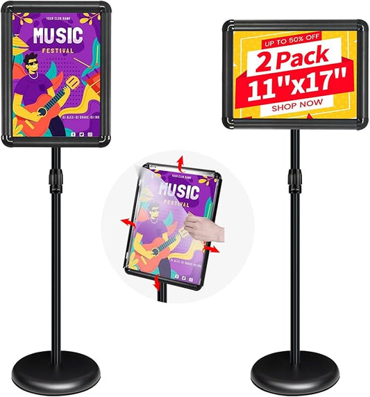 INNOVSIGN 2Packs Adjustable Pedestal Sign Holder Stand 11''x17'', Floor Standing Poster Sign Stand for Vertical/Horizontal View Sign stand,Outdoor/Indoor Standing Sign Holders(Black, Round)