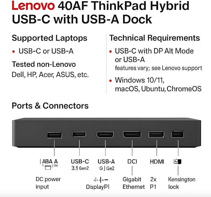 40AF0135US Lenovo Docking Station Dual Monitor Hybrid USB-C with USB-A - Thinkpad Dock with 135W, HDMI & DisplayPort Cable (40AF0135US)