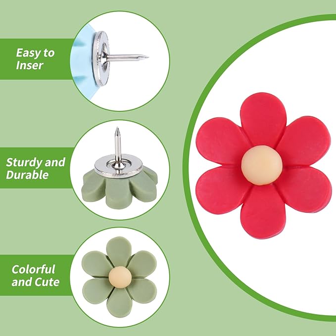 30pcs Flower Push Pins - Decorative Thumb Tacks for Cork Board, Photo Wall, Feature Wall, Map, Bulletin Board, Office or Home