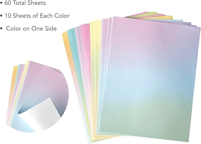 Pastel Gradient Paper Stationery, Aesthetic Paper 8.5 x 11 Inches, 60 Sheets, Colorful Writing Paper, Pretty Stationary Paper, Decorative Scrapbook Paper