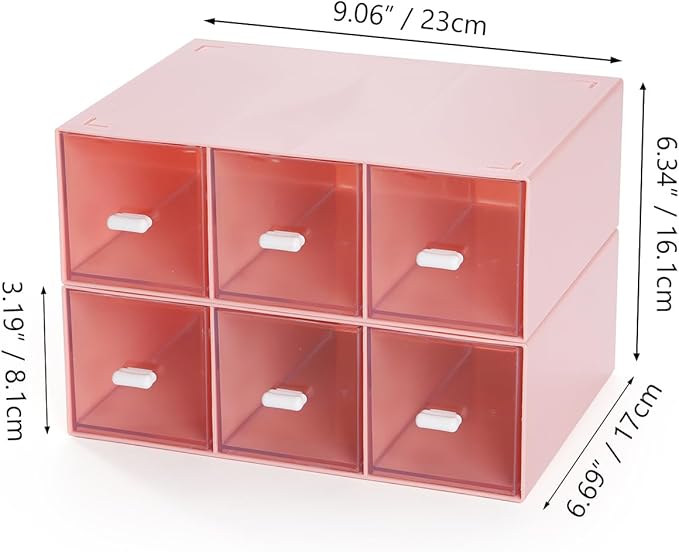 OSteed Desktop Drawers, Desk Organizer with 6 Drawers, Stackable Plastic Storage Box for Home Collection, Cosmetics, Jewelry, Office Supplies (2 Tall Layers, Pink)