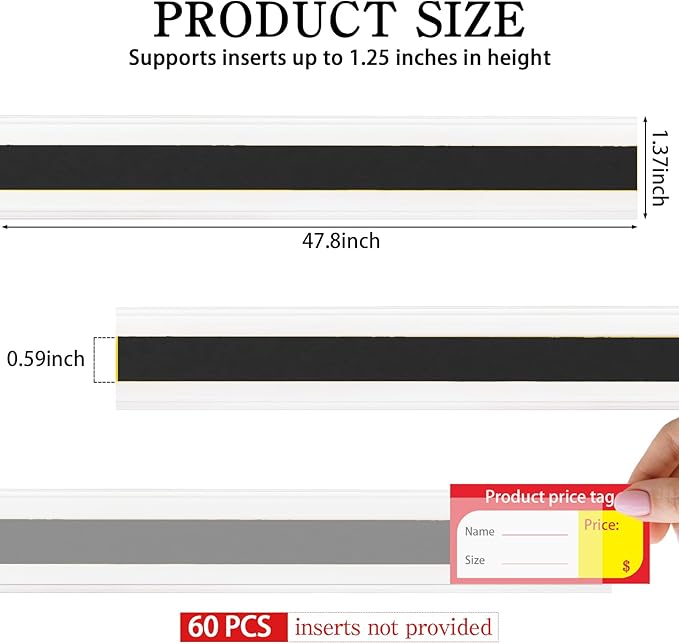60 Pcs 47.8 x 1.37 Inch Shelf Label Strips Black Clear PVC Ticket Channel Back Adhesive for Stick on Price Data Tag Holder for Convenience Supermarkets Shops