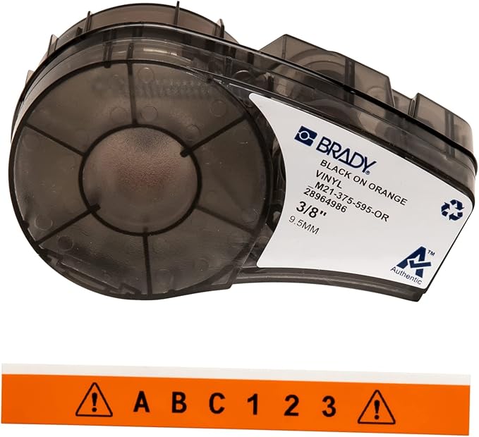 Brady Authentic (M21-375-595-OR) All-Weather Vinyl Label for Indoor/Outdoor ID, Lab and Equipment Labeling, Black on Orange- For M210, M210-LAB, M211, BMP21-PLUS and BMP21-LAB Printers, .375" W, 21' L