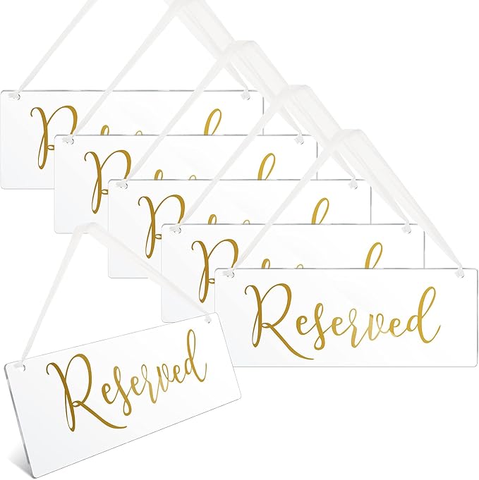 Blulu 6 Pcs Reserved Signs for Wedding Chairs Acrylic Tag Hanging with Ribbon for Wedding Reserved Signs for Important Events Church Pews Chair and Restaurant(Gold)