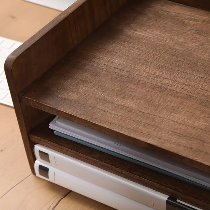 DDYURI Desk Organizer for File Folder Storage with 3 Paper Letter Tray &1 Vertical Compartment- Wood Office Desktop Document Organizer Rack - Filing Folder Mail Sorter Desk accessories Dark WJJ3K-DK