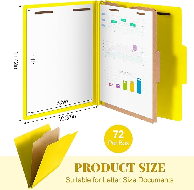 Skyygemm 72 Pcs Classification Folders Letter Size, 1 Divider Pressboard File Folder with Fasteners, Expanding File Organizer Bulk for School Teachers, Office Employee, Coworker, Staff (Yellow)
