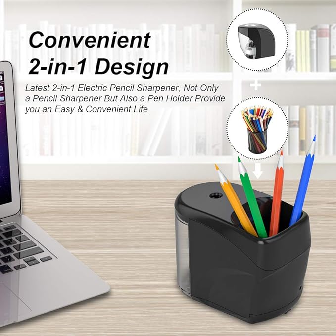 Electric Pencil Sharpener Heavy-Duty Helical Blade Sharpener USB/Battery Operated for No.2/ (6-8mm) Pencils with Auto Stop & Cleaning Brush in School/Classroom/Office (Black no Adapter)