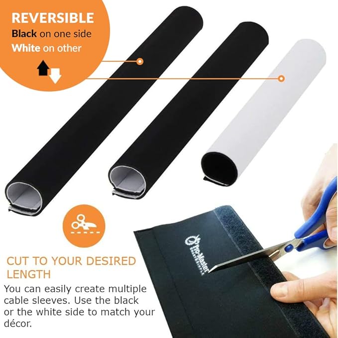 Premium 120" Cable Management Sleeve, Best Cords Organizer for TV On Wall, Computer, Office, DIY Adjustable Reversible Black and White Neoprene Cord Hider Wire Cover Concealer Wrap with Free Zip Ties