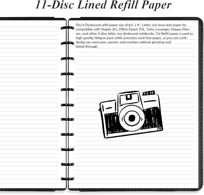 Letter Size Discbound Refill Paper, 11 Disc Paper Refill for Note-Taking System Discbound Planner, 100Sheets / 200Pages Discbound Paper, 100gsm, White, 8.5'' x 11''