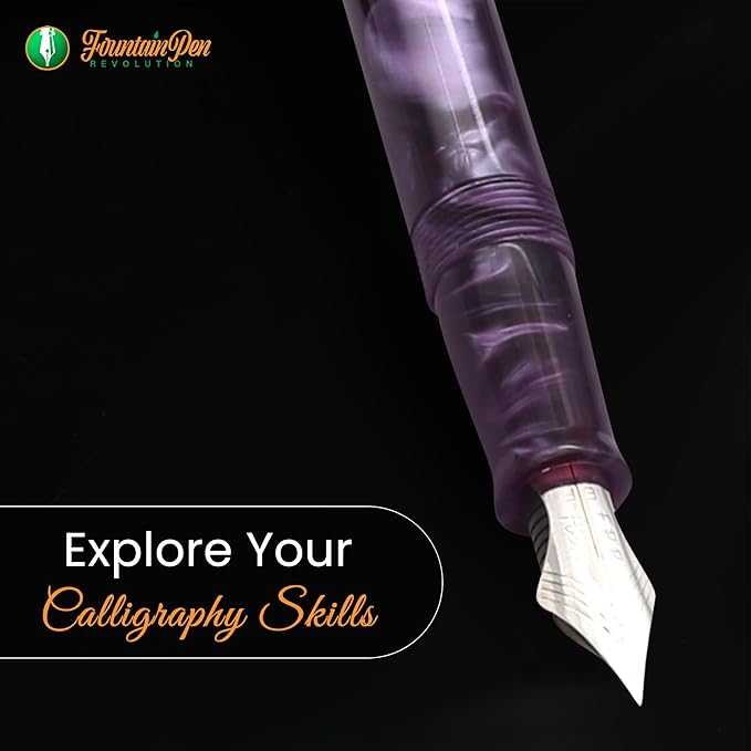 FPR Himalaya V2-Chrome Ultra Flex Nib Pen - Twist-Style Converter Filled Calligraphy Pens for Writing-Fancy Pens for Men & Women - Flex Fountain Pen w/Metal Clip & Cap Ring (Amethyst Purple Acrylic)