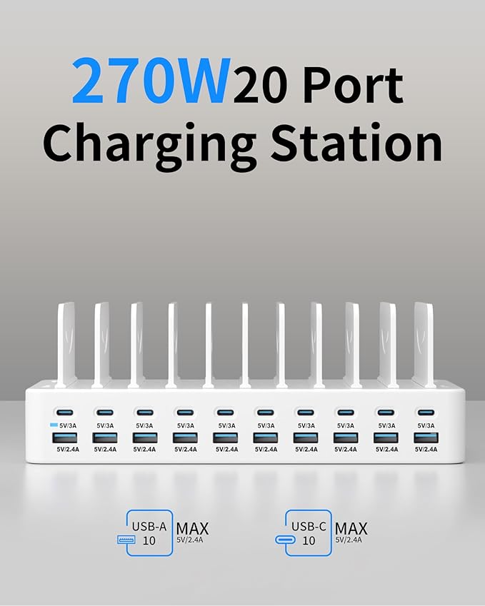 270W Charging Station for Multiple Devices, 20-Port USB Fast Charging Station with Adjustable Dividers & 10 Cables, Multi Device Organizer Charging Dock for iPhone, iPad, Tablets & More