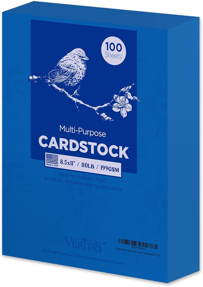 Veritas Blue Colored Cardstock, 8.5" x 11" Colored Copy paper, 110LB/199GSM Printer Paper, 100 Sheets (1 Reams), Colored Multi-Purpose Paper, Made in USA