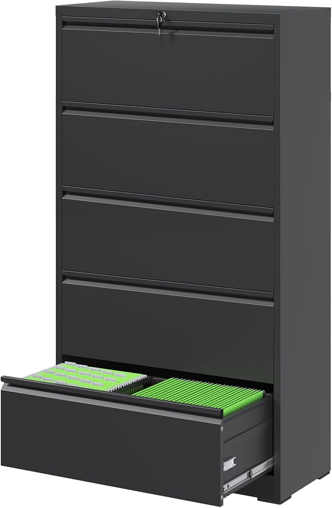 FLIXELIO 5 Drawer File Cabinets,Metal Office Storage Filing Cabinet with Lock, Lateral Filing Cabinet for Home Office, Horizontal Locking File Cabinet for Legal/Letter/A4, Assembly Required, Black