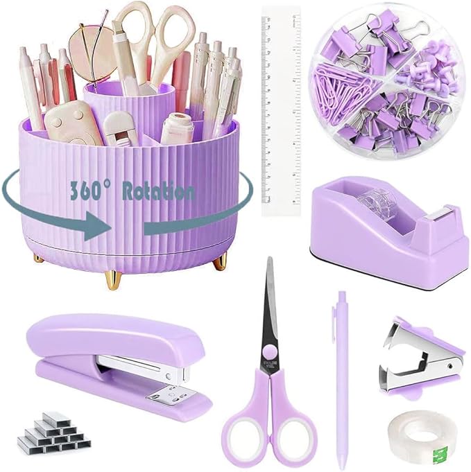 Gawsey Desk Organizers and Accessories Set with 360-Degree Rotating Pen Holder, Tape Dispenser, Stapler, Staple Remover, 1000 Staples, Tape, Clips Set, Ruler, Scissor, Pen