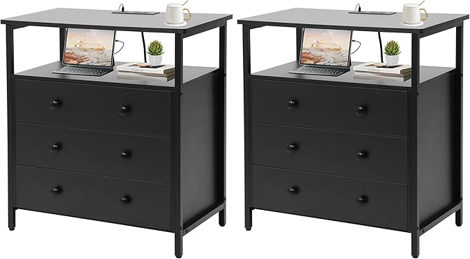 Edbuosy 3 Wooden Drawers Nightstand, 27 Inch Wide Night Stand Set 2 with Charging Station and Adjustable Drawers, Small Dresser for Closet, Bedside Table for Living Room/Bedroom/Office, Black.