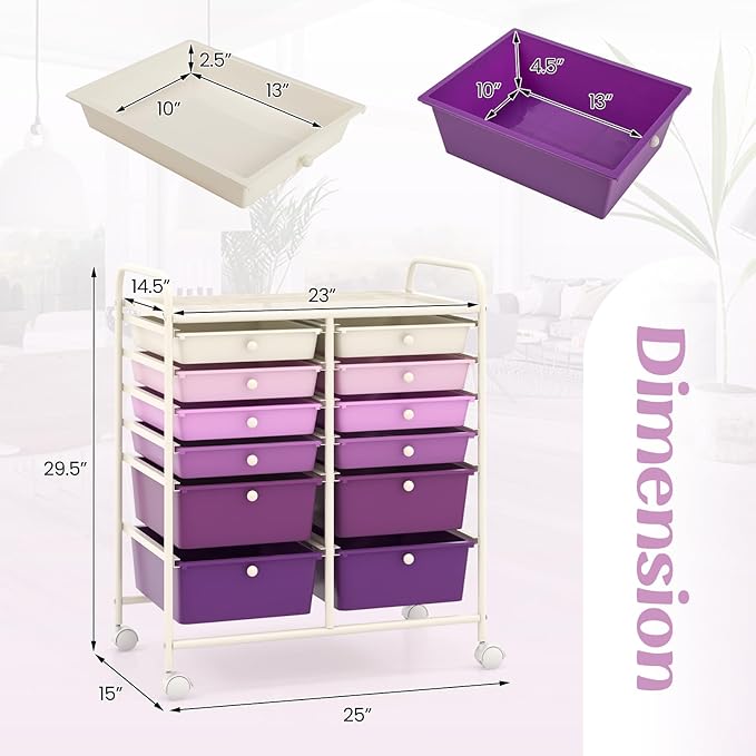 LDAILY 12 Drawer Rolling Storage Cart, Craft Cart Organizer on Wheels with Metal Frame, Large Capacity & Smooth Drawers for Living Room, Classroom, Office (Gradient Purple)