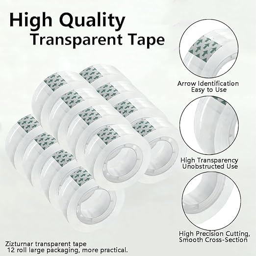 Zizlurnar 12 Rolls Transparent Tape Refills Rolls, Clear Tape,1 in Core，3/4 x 1000 in，Gift Packaging Tape Refill Roll for Office, Home, School