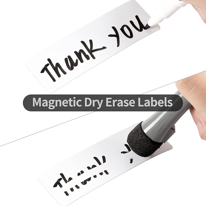 OQUYDEA 100-Pack Dry Erase Magnetic Labels - Waterproof, Eco-Friendly, Reusable Magnetic Name Tags for Classroom, Office, Cabinet, Whiteboard, Fridge & More (White, 1x3 Inches)…