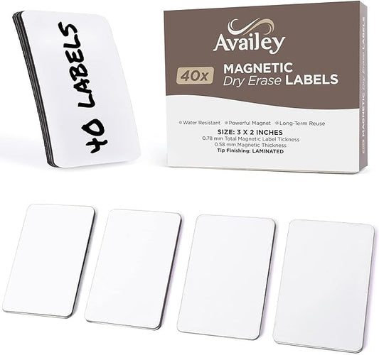 Availey 40 Pieces (3 x 2) - White Magnetic Dry Erase Labels - Reusable Strips for Classroom Home Office Garage - Refrigerator Blank Writable Erasable Cards - Name Tags Students Locker Shelf