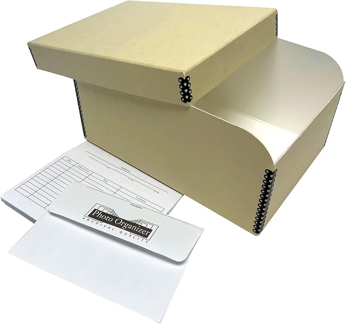 Lineco 4x6 Photo Storage Box, with 12 Acid-Free Envelopes, Holds Up to 1000 3.5" x 5", or 4" x 6" Pictures, Metal Edge Archival Organizer for Cards Stickers Stamps Seeds, 5.5x7.5x11. Tan