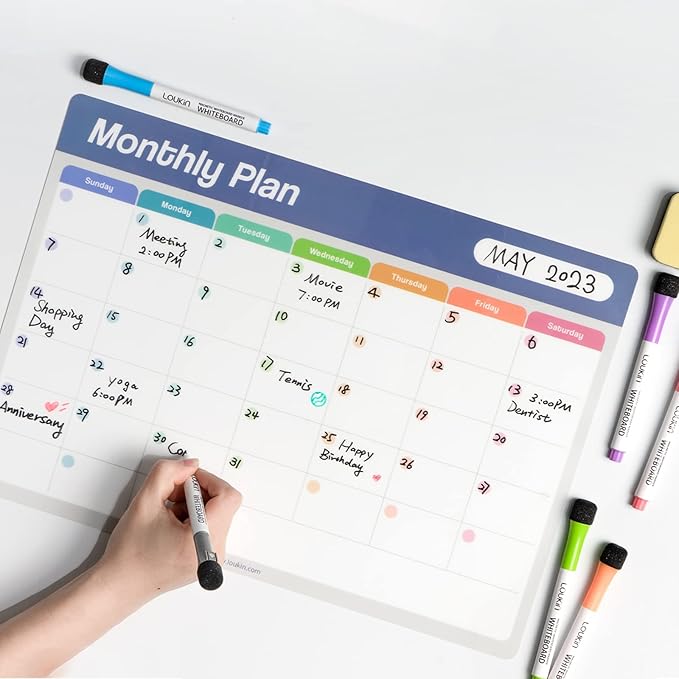 Loukin Dry Erase Calendar Set, Monthly Planner and Checklist, Electrostatic Adsorption Reusable Whiteboard for Office Classroom Refrigerator, Clings to Any Shiny Surface, 6 Markers&1 Eraser Included