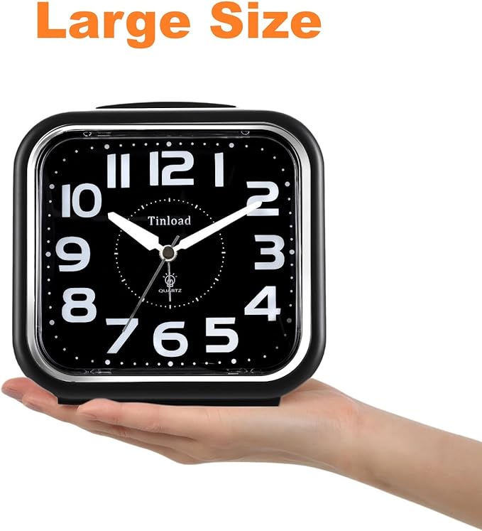Tinload 5.5" Large Analog Alarm Clock Silent Non Ticking, Gentle Wake, Beep Sounds, Increasing Volume, Battery Operated Snooze and Manual Light, Easy Set, Black (Best for Elder)