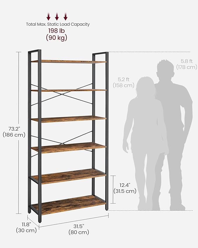 VASAGLE 6-Tier Bookshelf, Bookcase with Steel Frame, Book Shelf for Living Room, Home Office, Study, 11.8 x 31.5 x 73.2 Inches, Industrial Style, Rustic Brown and Ink Black ULLS082B01