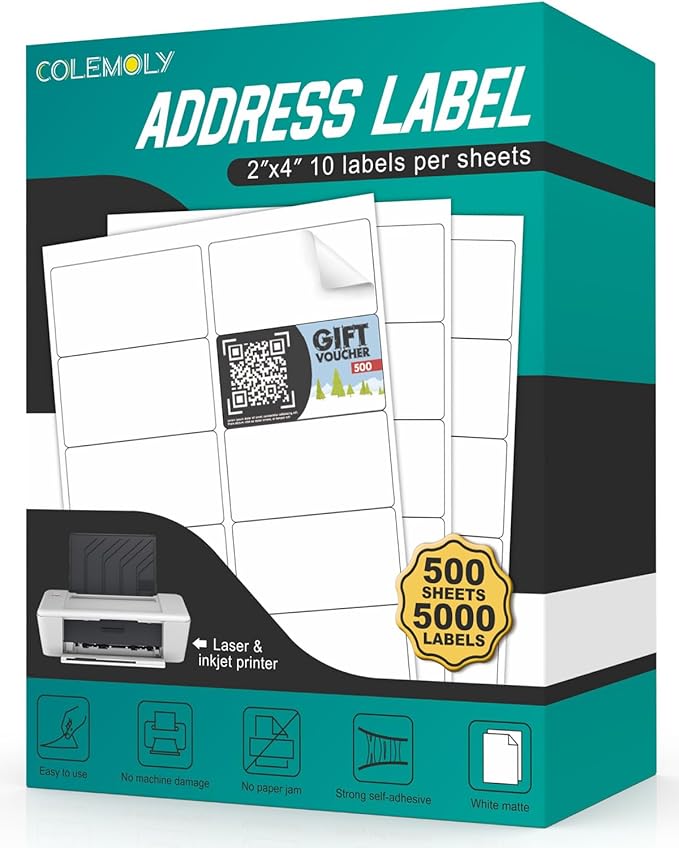 2”x4” Address Labels Shipping Mailing Labels for Printer Printable Sticker Labels White Matte 10-UP 500 Sheets for Office, Home