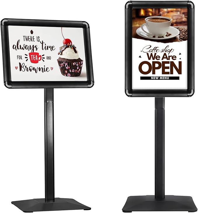 STANDNEE Heavy-duty Poster Stand Holder 11"x 17" Pedestal Floor Standing Sign Holder Vertical and Horizontal View Sign Display, Aluminum Snap Open Frame with Safety Corner, Black