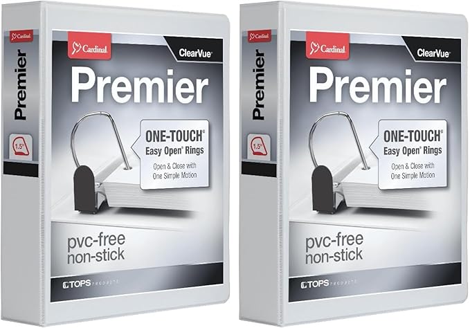 Cardinal 3 Ring Binder, 1.5 Inch Premier Easy Open Binder, ONE-Touch Locking Slant-D Rings, 400-Sheet Capacity, ClearVue Cover, PVC-Free, Black (10311) (10310) (Pack of 2)