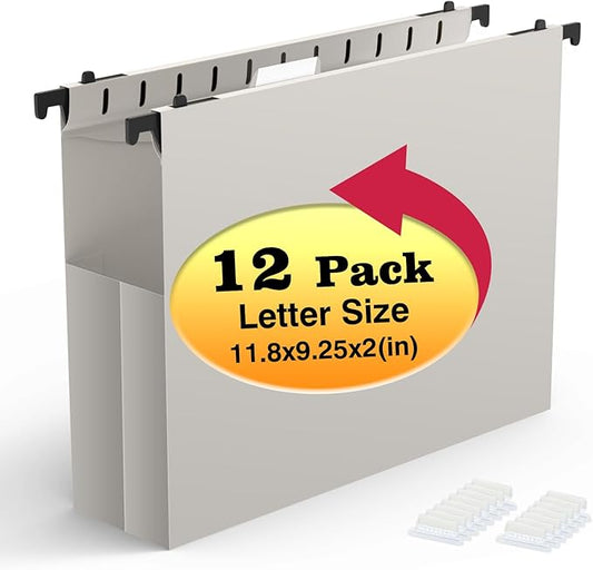 Shutex Extra Capacity Plastic Hanging File Folders,12 Pack Reinforced Expanding Hang Folder Letter Size,Accordian Pocket,Heavy Duty 2 Inch Expansion, Hard Hanging Folder Organizer for Office Home,Grey