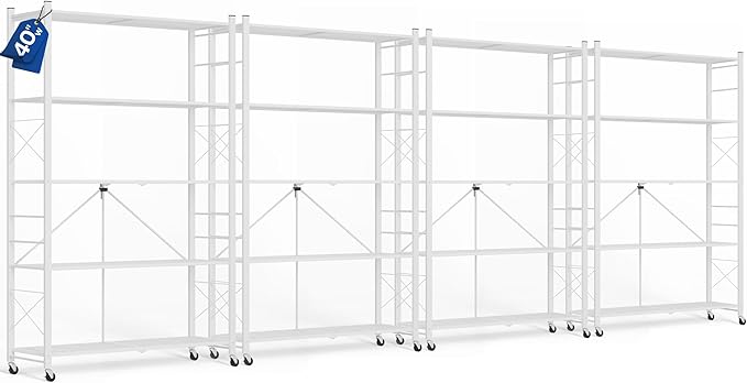 ALANNG 40" W Foldable 5-Tier Storage Shelves with Wheels, Adjustable & Removable Metal Rack, Heavy Duty Rolling Organizer for Kitchen, Garage, Closet, Pantry, and Office (White,4 Pack)