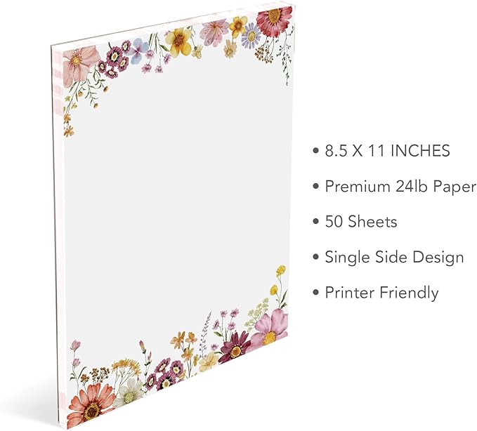 Flower Paper Stationery, Floral Letterhead Paper 8.5 x 11 Inches, 50 Sheets, Elegant Writing Paper, Pretty Stationary Paper, Decorative Printer Papr, Spring Wildflower Letter Paper Set