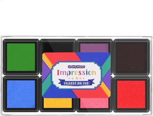 CraftyManor Mini 8 Color Pigment Ink Pads for Stamps, Fingerprint InkPads, Stamp Pad for Scrapbook Paper & Wood & Clothing & Letter & Archival