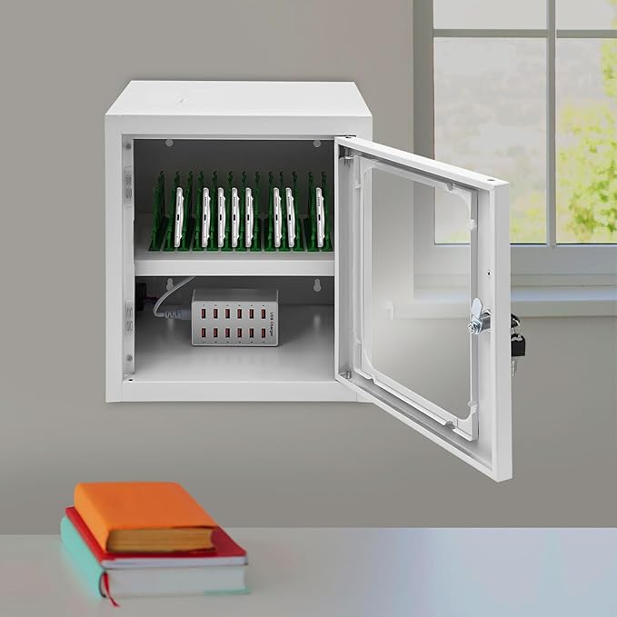 QUEWATSA Cell Phone Charging Station, 12-Device Rechargeable Mobile Phones Charging Cabinet, Locking and Charging Phone Storage Box, Mobile Charging Cart, Lockable Device Charging Locker