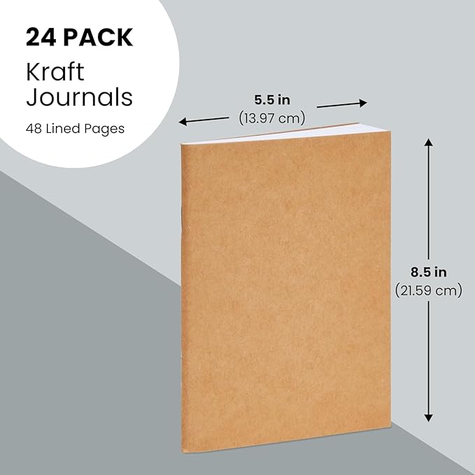 Lined Kraft Journals 24 Pack - 48 Pages Each, 5.5x8.5 Inch A5 Paper Notebooks Bulk for Students, Writing, Journaling, Travel Notes, School Supplies, Classroom & Office Stationery (Brown Kraft Cover)