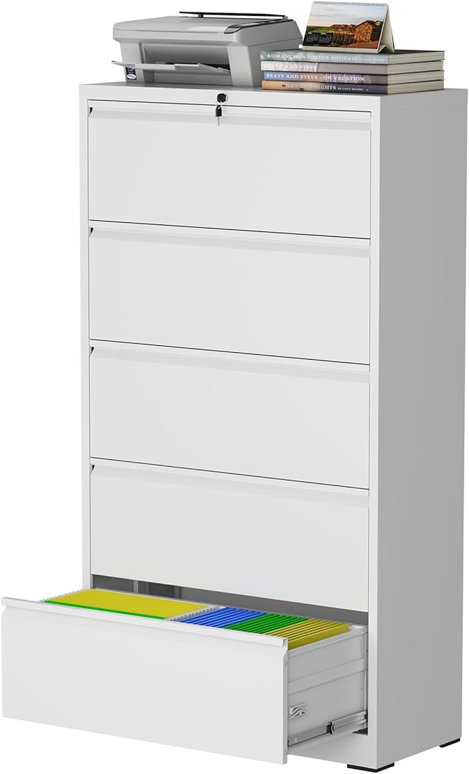 mysteeldepot 5 Drawer Lateral File Cabinet with Lock, Metal File Cabinet, Lateral File Cabinets for Home Office, Heavy Duty File Storage Cabinet for Legal/Letter/A4 Document, Assembly Required, White