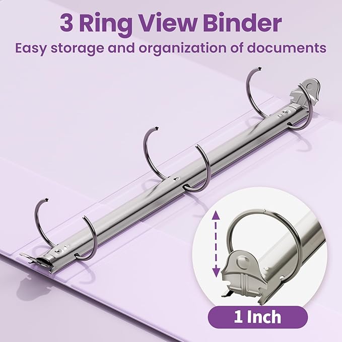 SUNEE 3 Ring Binder 1 Inch 1 Pack, Clear View Binder Three Ring PVC-Free (Fit 8.5x11 Inches) for School or Office Supplies, Purple