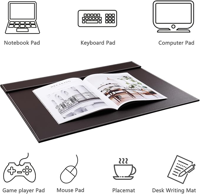 KINGFOM Ultra-Smooth PU Leather Desk Pad & Mat Office Desk Drawing & Writing Board A3/ A4 File Paper Clip Table Protector Mat on Top Large 24''x18'' (Brown)
