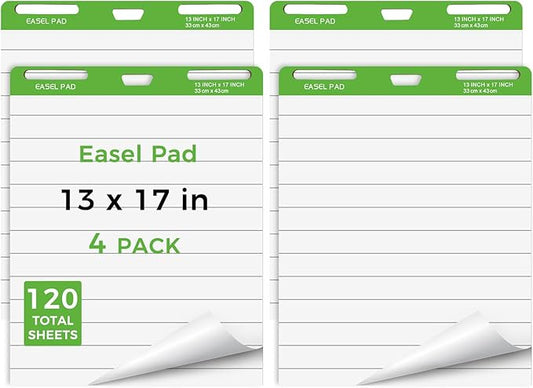 DINGIXOC Mini Easel Pads 13 x 17 Inch, 4 Pack Non-Stick Flip Chart Paper for Teacher, Training, Presentations or Brainstorming, 30 Sheets/Pad, Fits Most Easel Stands (Lined)
