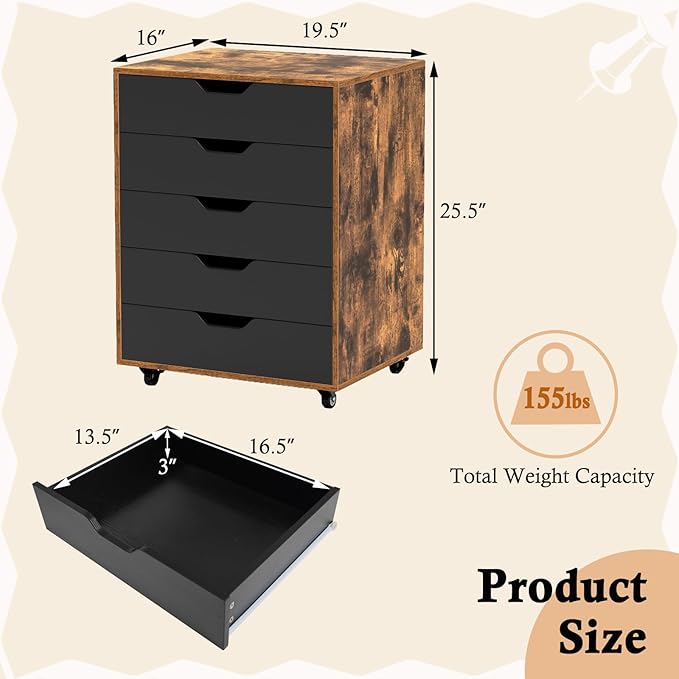 Giantex 5-Drawer Storage Cabinet with Drawers, Wheels, Rolling Lateral Filing Under Desk, Chest, 19.5" x 16" x 25.5" Office Mobile File Cabinet for Living Room, Study
