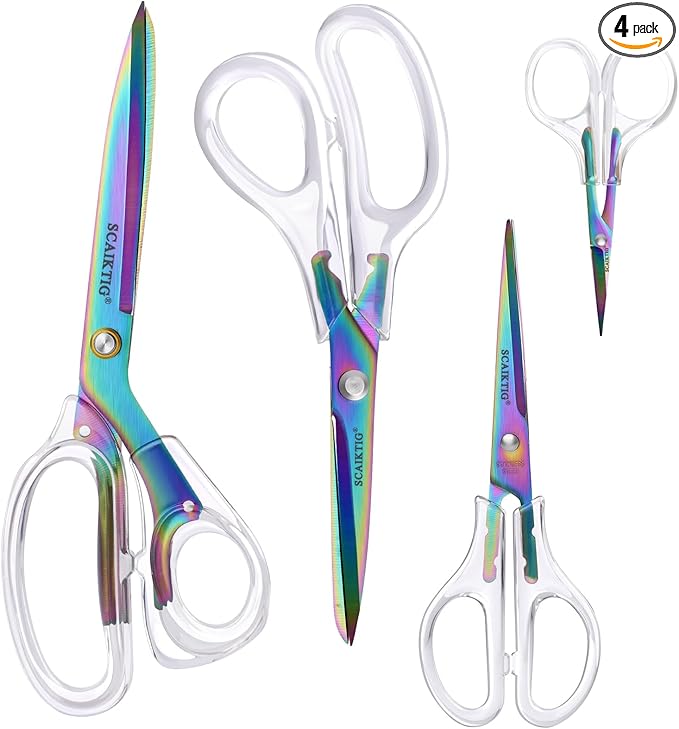 SCAIKTIG Acrylic Scissors, 4-Pack (9.4"/8"/6.8"/4"), Clear Comfort-Grip Handles, Titanium Coated Blades, Sharp, Heavy Duty, Ambidextrous, Transparent + Rainbow