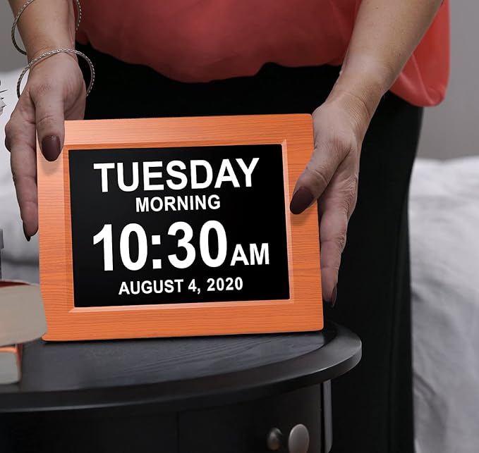 American Lifetime New 2026 Dementia Clock Large Digital Clock for Seniors, Large Display with Custom Alarms, Calendar Clock with Day & Date for Elderly, Clear Numbers Alzheimer Digital Clock Wood