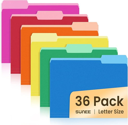 SUNEE File Folders, 36 Pack Manilla Folders 8.5 x 11, Colored File Folders Home Office School Supplies for Documents Files Paper, 6 Assorted Colors